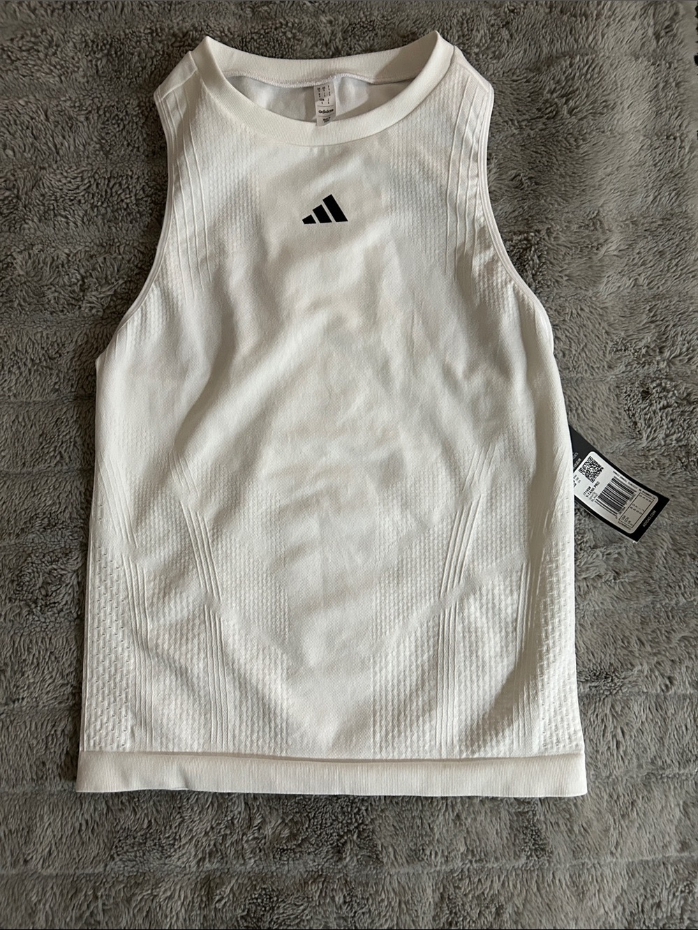 adidas White Tennis Sleeveless Performance Tank with Black Logo